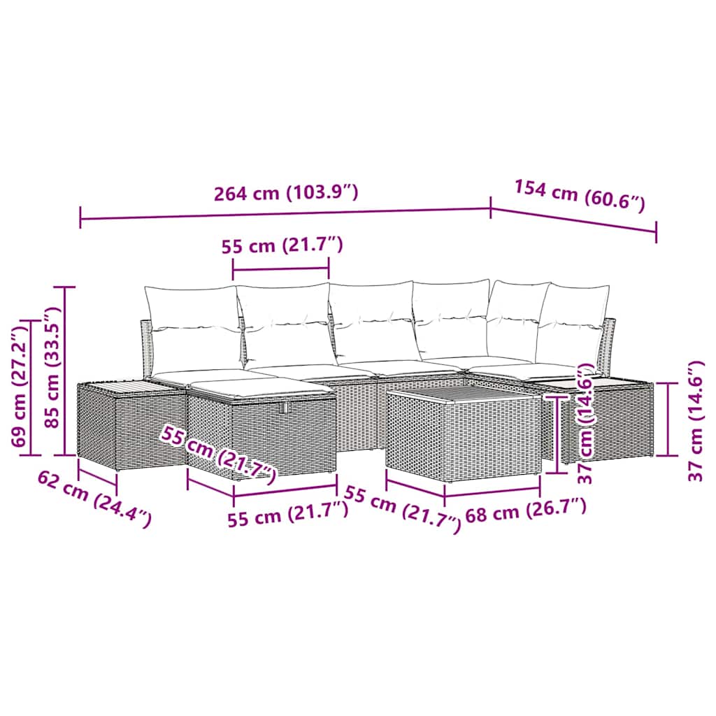 Garten-Sofa-Set mit Kissen 7 pcs Schwarz Poly Rattan